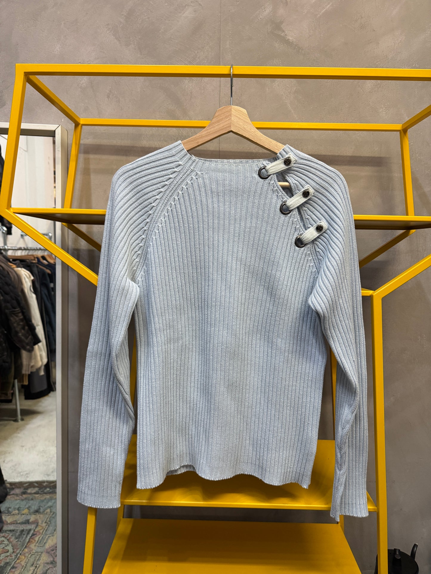 blue ribbed jumper with side buttons