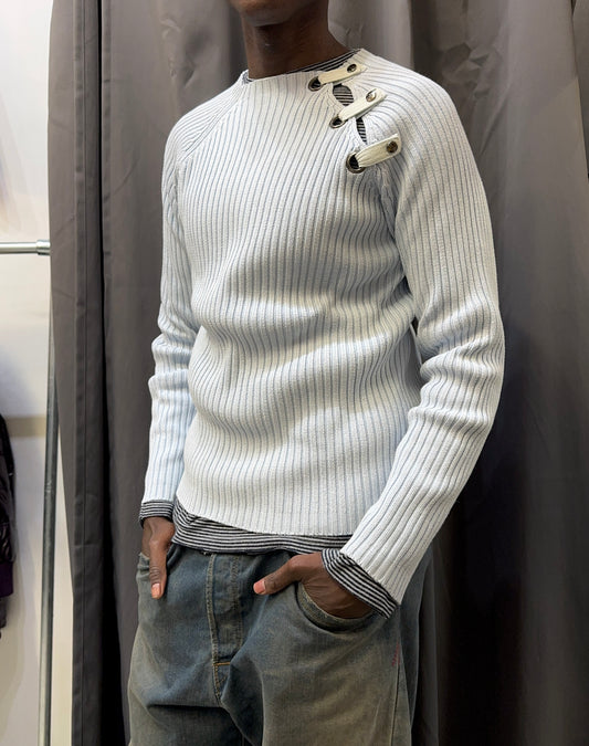 blue ribbed jumper with side buttons