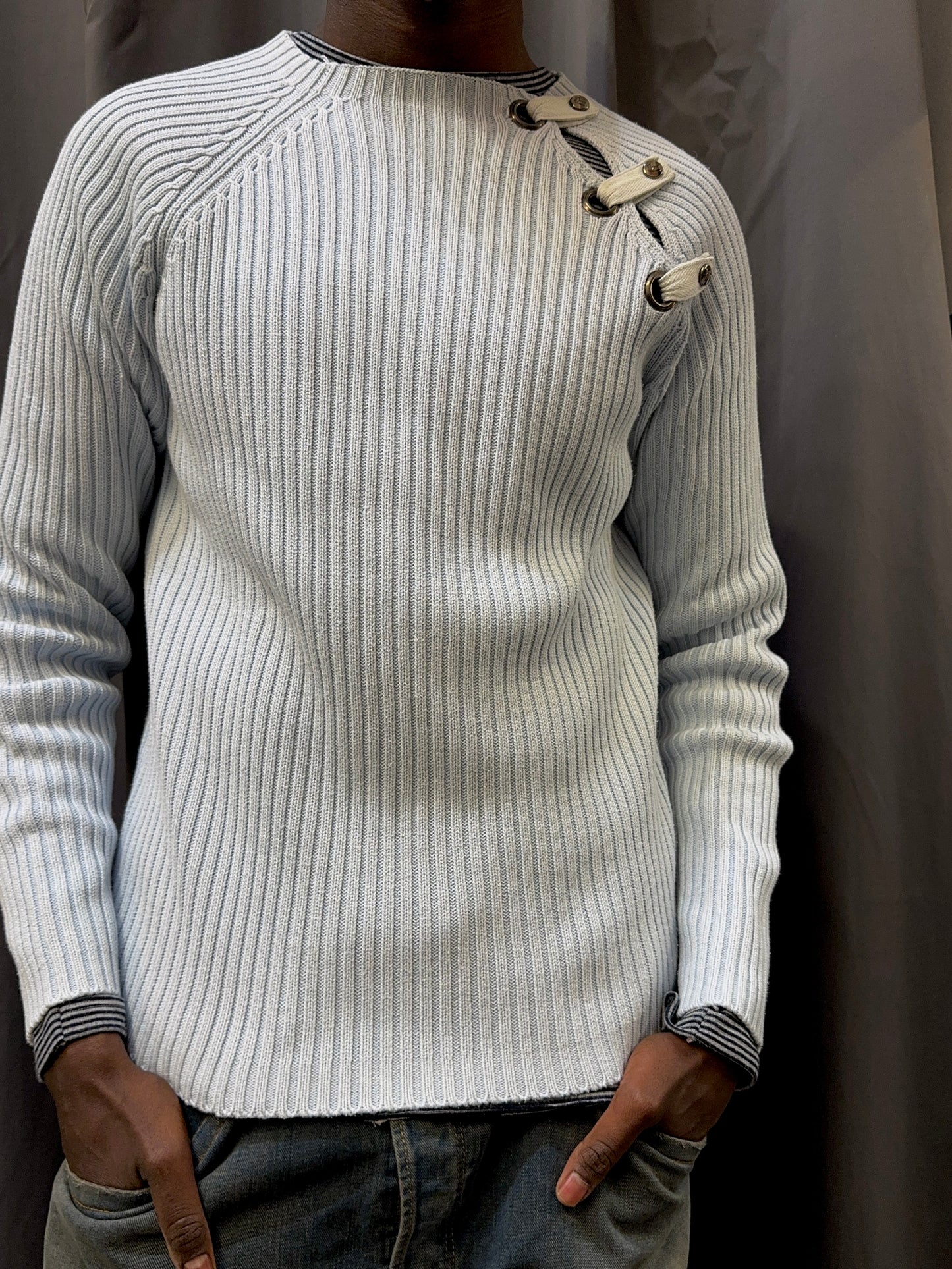 blue ribbed jumper with side buttons